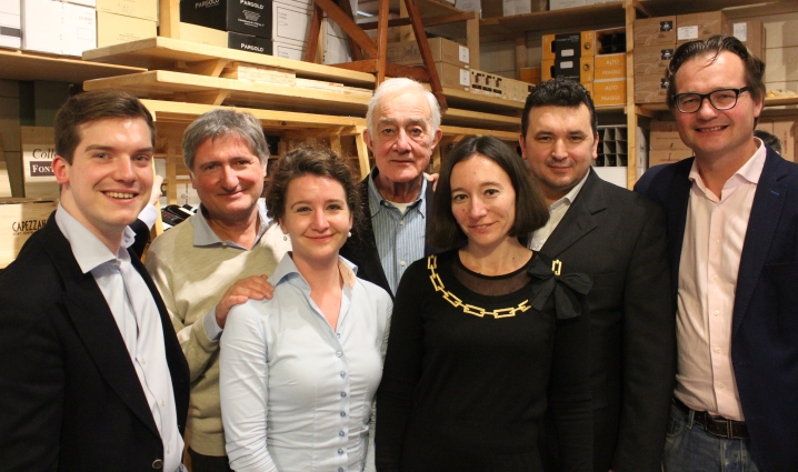 Team Brand Wijnimport & gasten. V.l.n.r.: Yvo Erades, Paolo De Marchi, Lara Mol, Huib Brand, Serena Conitini Bonacossi, Valter Fissore, Joris Kleijs